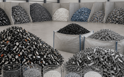 Guidetti Robi dry separation table and PMG pre-shredder side-by-side in a clean U.S. recycling plant with a technician inspecting the machines.
