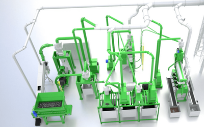 Engineered Recycling Systems wire recycling line featuring modular cable chopping, granulation, air separation, and metal recovery units in a green and white configuration.
