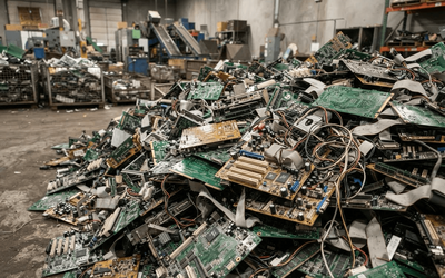 critical metals recycling material — circuit boards, battery cells, and electronic scrap ready for processing.