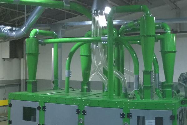 Pneumatic transport system utilized by Engineered Recycling Systems — dust-free material handling solution designed for efficient transfer of shredded scrap metals, wires, and industrial waste between processing stages, featuring high-velocity airflow, cu