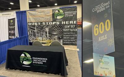 The ERS booth 633 at TAPPI AICC Corrugated Week 2026 in Fort Worth with the Dust Stops Here banner for the CCM OCT dust filter, beside the ERS sponsored aisle sign above the show floor.