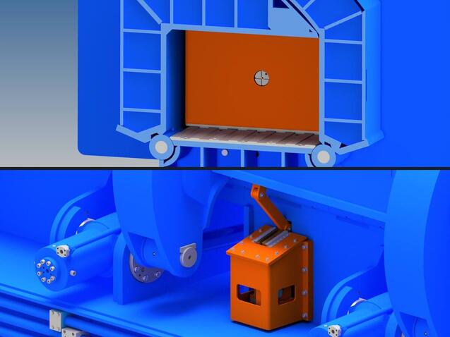 Two TAURUS renders stacked: above, a cross-section of the pre-compression box showing the honeycomb lid structure, the wear plate and the corrugated sliding floor; below, the toggle linkage driving a lid with the encoder mounted in a protected housing out