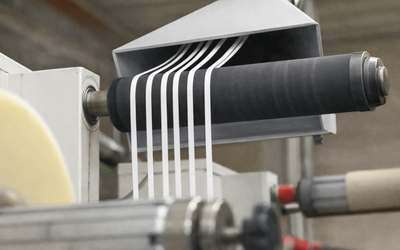 Engineered Recycling Systems matrix trim collection system guiding white matrix trim strips over a black roller into a white extraction system for pneumatic trim removal in label and packaging recycling operations.