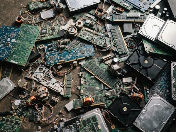 Mixed electronic scrap for recycling - circuit boards, RAM, hard drives, small motors, power supplies and cable on a concrete floor