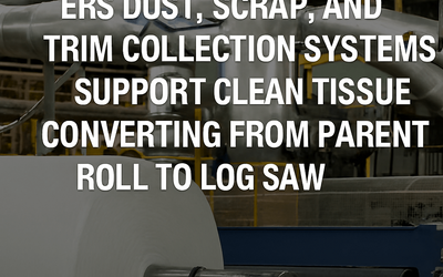 Industrial-grade ERS system designed to remove paper dust, trim, and scrap across tissue converting lines, ensuring clean, compliant, and uninterrupted hygiene-grade production from parent roll to log saw.