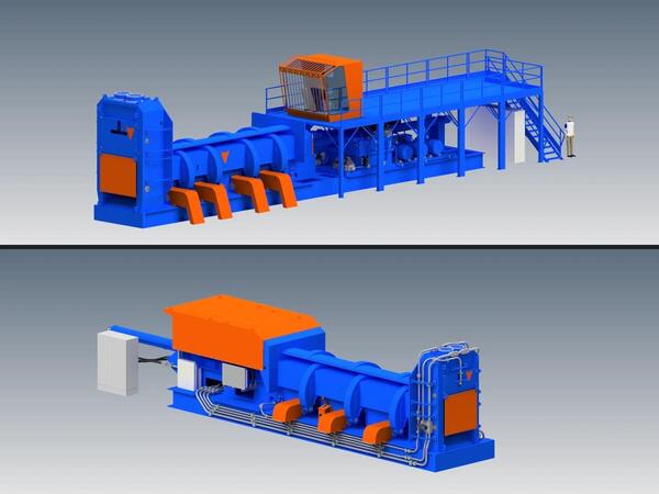 TAURUS scrap shear 3D renderings showing the complete shear baler line with operator platform and cab, and the shear unit with its hydraulic pack