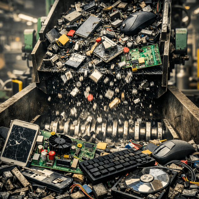 Engineered Recycling Systems LLC engineered e-waste metal extraction technology showing electronic scrap entering an industrial shredder for controlled size reduction and downstream metal recovery, symbolizing the company’s integrated approach to copper,