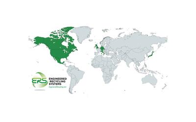 World map showing ERS’s international presence across North America, Europe, and Asia, highlighting active countries in green.