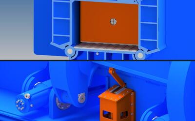 Two TAURUS renders stacked: above, a cross-section of the pre-compression box showing the honeycomb lid structure, the wear plate and the corrugated sliding floor; below, the toggle linkage driving a lid with the encoder mounted in a protected housing out