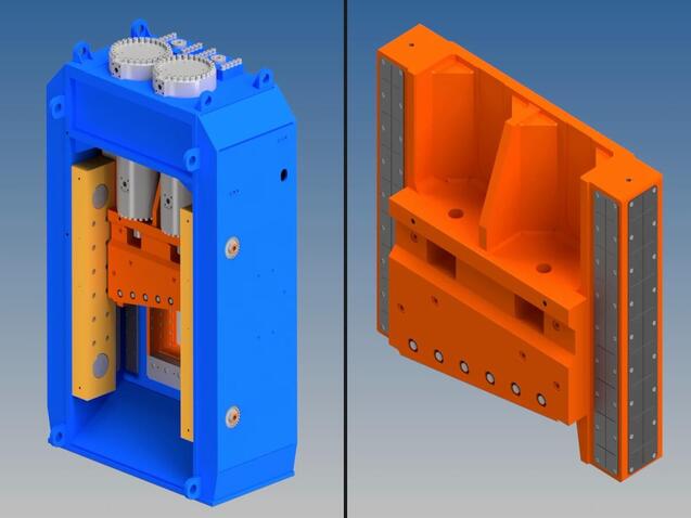 Cutaway views of a hydraulic scrap shear, showing the twin cutting cylinders inside the frame and the mobile blade holder with its interchangeable wear plates
