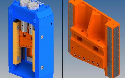 Cutaway views of a hydraulic scrap shear, showing the twin cutting cylinders inside the frame and the mobile blade holder with its interchangeable wear plates