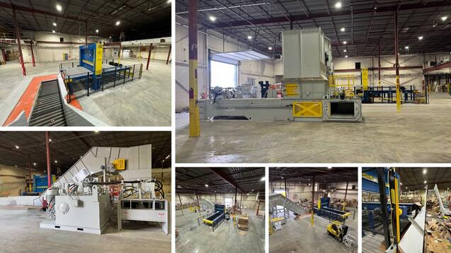"Dual-feed two-ram baler system installed at ERS facility, featuring integrated conveyor input from paper shear and manual loading chute for corrugated scrap processing.