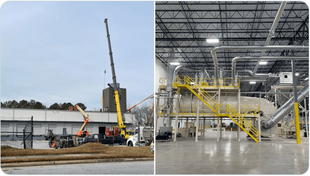 Engineered Recycling Systems CCM® OCT filter installed in a corrugated production facility, illustrating best-in-class air filtration with modular design, continuous cleaning nozzles, and energy-efficient dust capture for high-volume fibrous airflow.