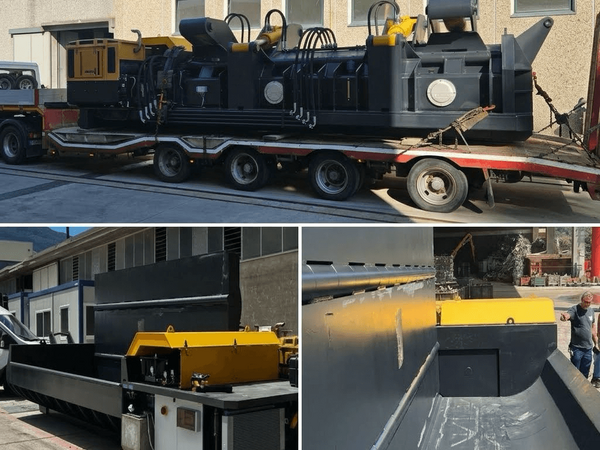 Engineered Recycling Systems (ERS) offers the TAURUS MIZAR heavy-duty mobile baler for demolition scrap in North America, shown with tube-shaped compaction box and ROLL ON / ROLL OFF system.