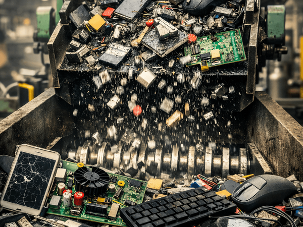 Engineered Recycling Systems LLC engineered e-waste metal extraction technology showing electronic scrap entering an industrial shredder for controlled size reduction and downstream metal recovery, symbolizing the company’s integrated approach to copper,