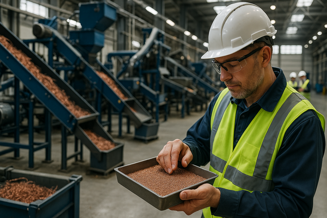 Technician inspecting clean copper granules from a copper recovery system at an industrial recycling facility