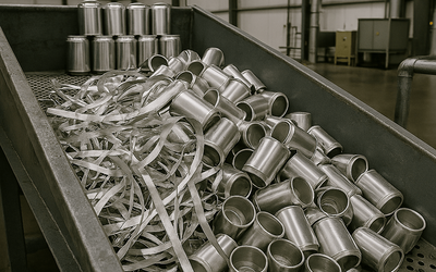 Engineered Recycling Systems supports in-house metal scrap recovery for multi-stream can manufacturing, with systems designed to capture and process aluminum and steel trim, slugs, and offcuts directly at the source. Shown here: recyclable metal scrap col