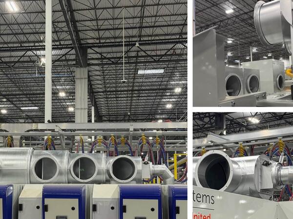Dust collection hoods installed above MaxPro Rotary Die Cutter for targeted scrap and dust capture by Engineered Recycling Systems