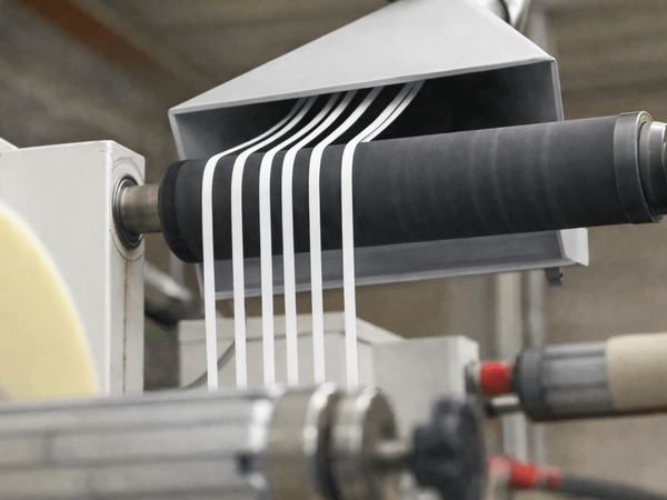 Engineered Recycling Systems matrix trim collection system guiding white matrix trim strips over a black roller into a white extraction system for pneumatic trim removal in label and packaging recycling operations.