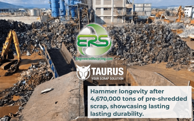BRAVO pre‑shredder from TAURUS integrated by Engineered Recycling Systems, shown operating in a scrap‑processing yard with mixed and bulky scrap surrounding the machine. The image highlights the pre‑shredder’s horizontally counter‑rotating shafts and its