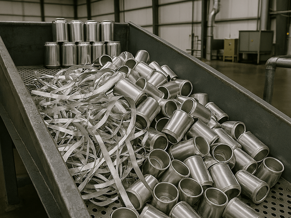 Engineered Recycling Systems supports in-house metal scrap recovery for multi-stream can manufacturing, with systems designed to capture and process aluminum and steel trim, slugs, and offcuts directly at the source. Shown here: recyclable metal scrap col