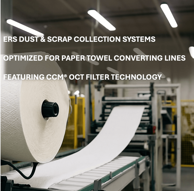 Industrial dust and scrap collection system for high-speed paper towel converting lines, featuring ERS CCM® OCT Filter technology for optimized airflow, efficient trim removal, and reduced maintenance in hygiene-grade production environments.
