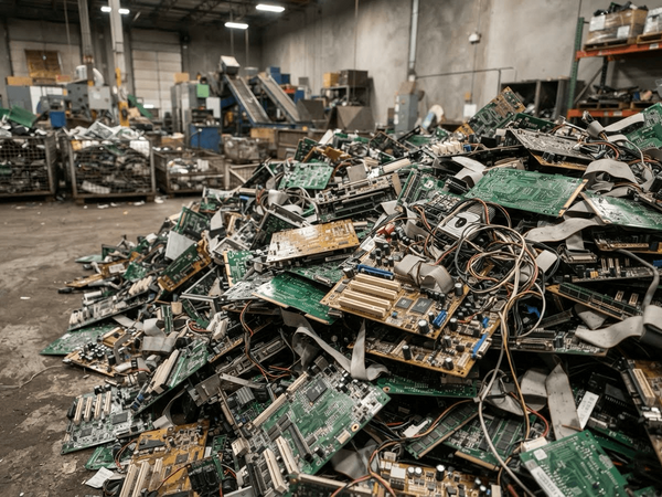critical metals recycling material — circuit boards, battery cells, and electronic scrap ready for processing.