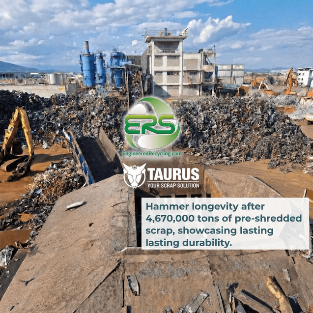 BRAVO pre‑shredder from TAURUS integrated by Engineered Recycling Systems, shown operating in a scrap‑processing yard with mixed and bulky scrap surrounding the machine. The image highlights the pre‑shredder’s horizontally counter‑rotating shafts and its