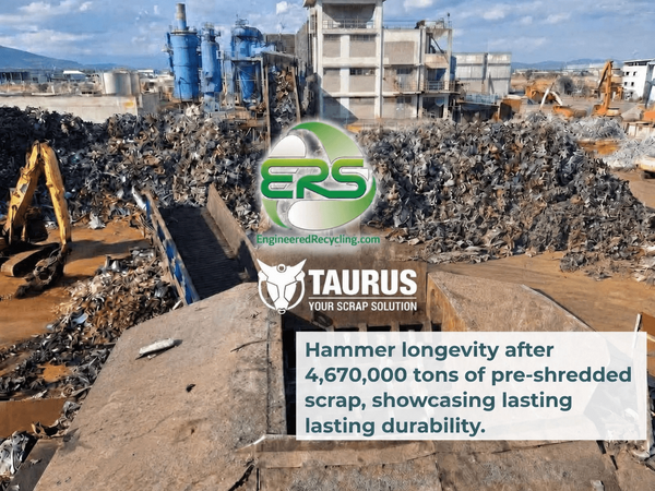 BRAVO pre‑shredder from TAURUS integrated by Engineered Recycling Systems, shown operating in a scrap‑processing yard with mixed and bulky scrap surrounding the machine. The image highlights the pre‑shredder’s horizontally counter‑rotating shafts and its