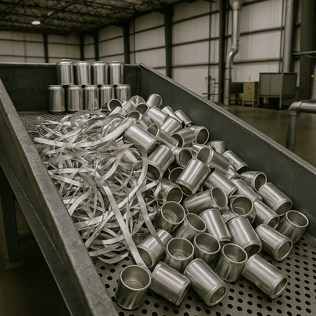 Engineered Recycling Systems supports in-house metal scrap recovery for multi-stream can manufacturing, with systems designed to capture and process aluminum and steel trim, slugs, and offcuts directly at the source. Shown here: recyclable metal scrap col