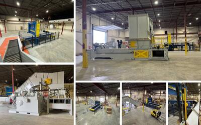 "Dual-feed two-ram baler system installed at ERS facility, featuring integrated conveyor input from paper shear and manual loading chute for corrugated scrap processing.