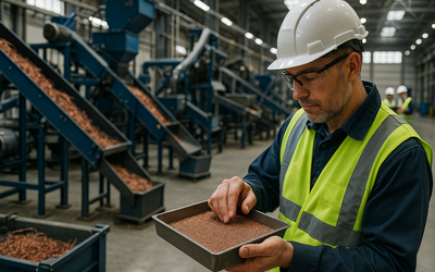 Technician inspecting clean copper granules from a copper recovery system at an industrial recycling facility