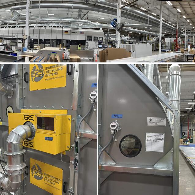 ERS CCM® OCT dust collection system integrated with a Göpfert Flexo Folder Gluer line, showing continuous-cleaning filter modules and ductwork for corrugated packaging production.