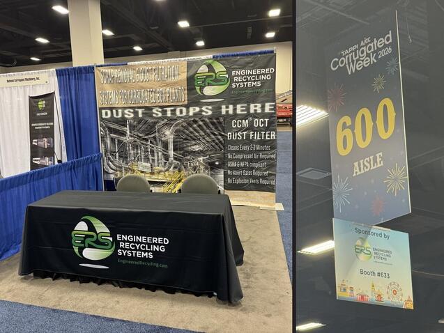 The ERS booth 633 at TAPPI AICC Corrugated Week 2026 in Fort Worth with the Dust Stops Here banner for the CCM OCT dust filter, beside the ERS sponsored aisle sign above the show floor.