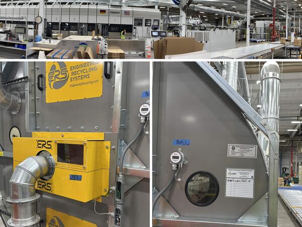 ERS CCM® OCT dust collection system integrated with a Göpfert Flexo Folder Gluer line, showing continuous-cleaning filter modules and ductwork for corrugated packaging production.