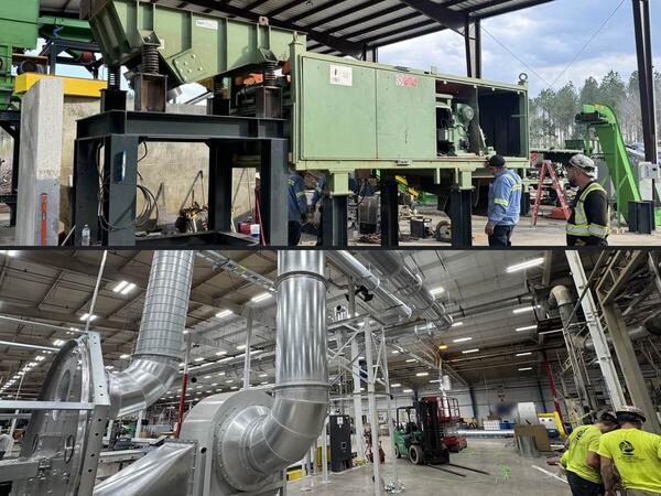 ERS crews installing a metals separation line and a paper dust collection system, showing fabricated steelwork, conveyors and ductwork