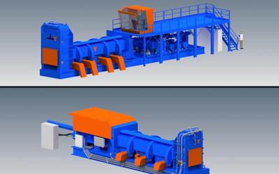 TAURUS scrap shear 3D renderings showing the complete shear baler line with operator platform and cab, and the shear unit with its hydraulic pack