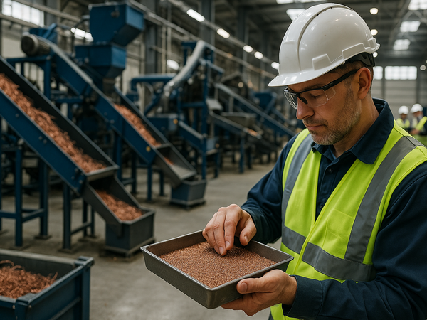Technician inspecting clean copper granules from a copper recovery system at an industrial recycling facility