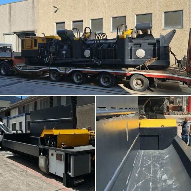 Engineered Recycling Systems (ERS) offers the TAURUS MIZAR heavy-duty mobile baler for demolition scrap in North America, shown with tube-shaped compaction box and ROLL ON / ROLL OFF system.
