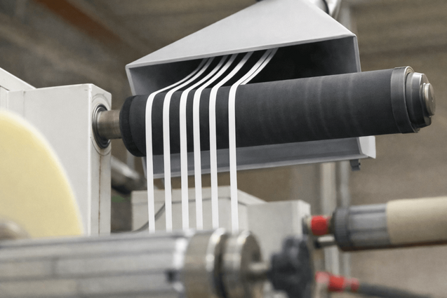 Engineered Recycling Systems matrix trim collection system guiding white matrix trim strips over a black roller into a white extraction system for pneumatic trim removal in label and packaging recycling operations.
