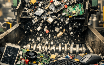 Engineered Recycling Systems LLC engineered e-waste metal extraction technology showing electronic scrap entering an industrial shredder for controlled size reduction and downstream metal recovery, symbolizing the company’s integrated approach to copper,