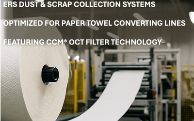 Industrial dust and scrap collection system for high-speed paper towel converting lines, featuring ERS CCM® OCT Filter technology for optimized airflow, efficient trim removal, and reduced maintenance in hygiene-grade production environments.