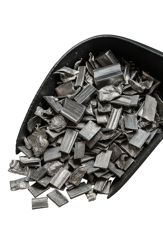High-purity aluminum scrap fragments flowing through Engineered Recycling Systems’ advanced recovery platform, representing Vesper-grade separation and clean material throughput.