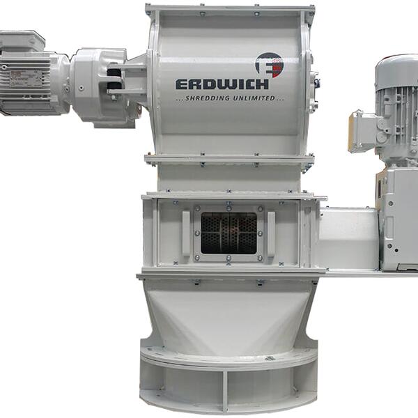 Erdwich M400 Shredder — compact single-shaft system for breaking down metal swarf and e-waste, featuring rotor/stator cutters and customizable screens for efficient scrap reduction