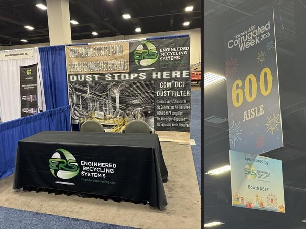 The ERS booth 633 at TAPPI AICC Corrugated Week 2026 in Fort Worth with the Dust Stops Here banner for the CCM OCT dust filter, beside the ERS sponsored aisle sign above the show floor.