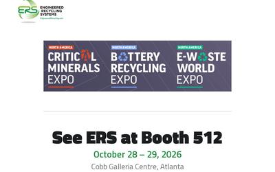Critical Minerals Expo, Battery Recycling Expo and E-Waste World Expo logos beside the ERS logo, with the line See ERS at Booth 512, October 28 to 29, 2026, Cobb Galleria Centre Atlanta