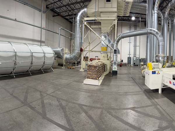 ERS Engineered Recycling Systems dust and scrap collection system with Low Profile Separator, CCM OCT filter, and baler for corrugated packaging producers