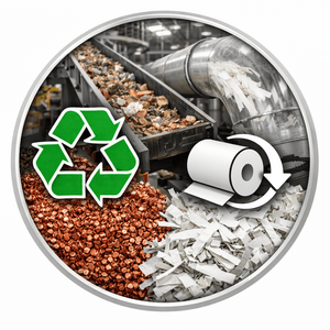 ERS Recycling and Trim Removal Equipment showing copper granules, shredded paper trim, and pneumatic transport for wire recovery and trim recycling.