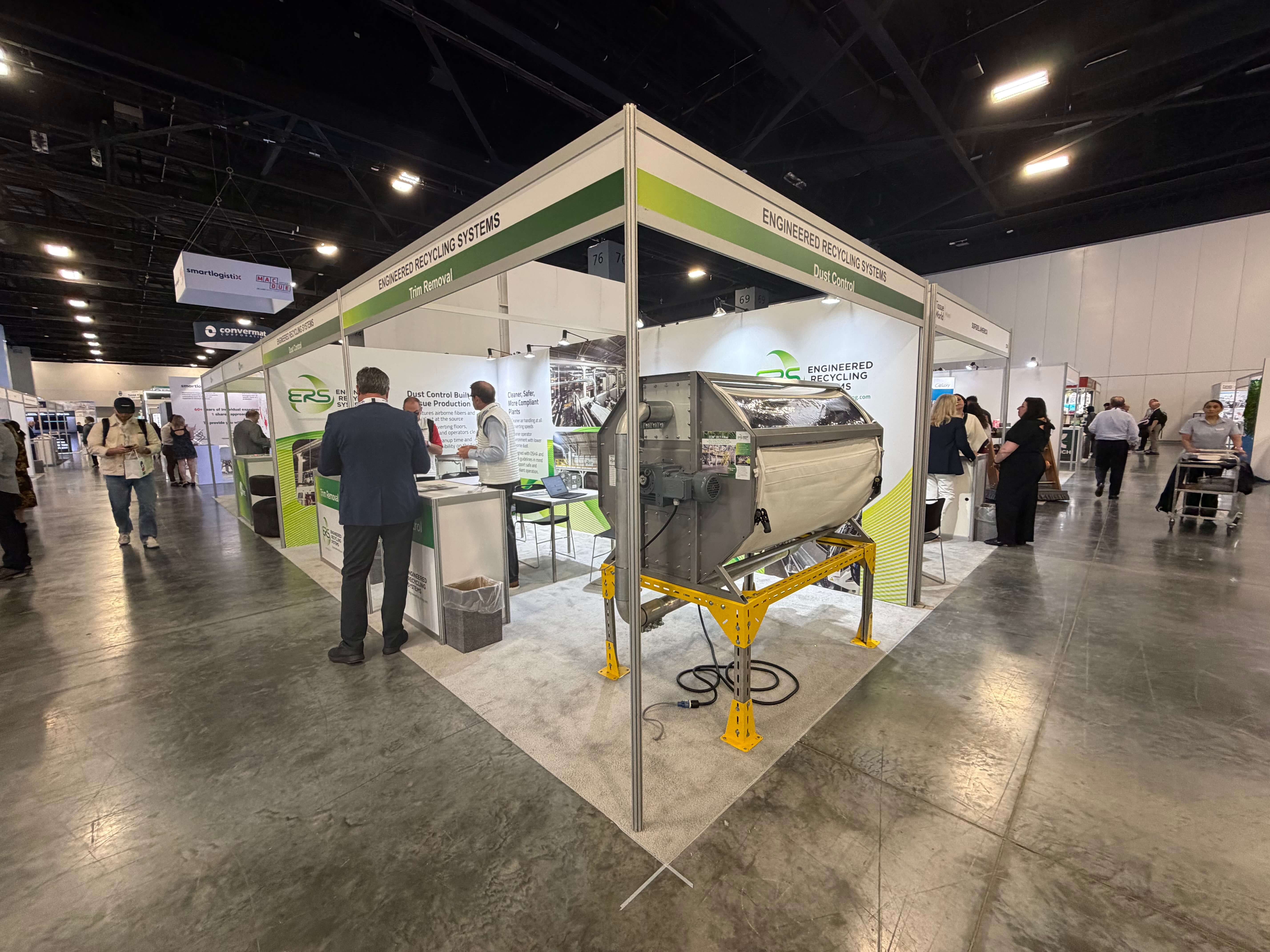 Engineered Recycling Systems exhibiting dust‑collection and trim‑removal solutions at Tissue World Miami 2026, highlighting clean, efficient systems for modern tissue converting operations.