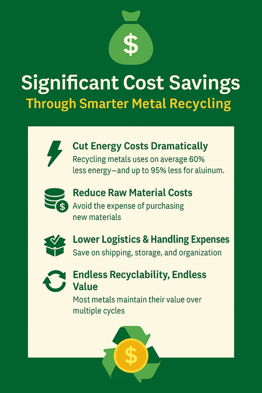 Infographic highlighting the economic and environmental benefits of metal recycling, including energy savings up to 95%, reduced landfill costs, and revenue generation from scrap metals like copper, aluminum, and steel; features icons for sustainability,